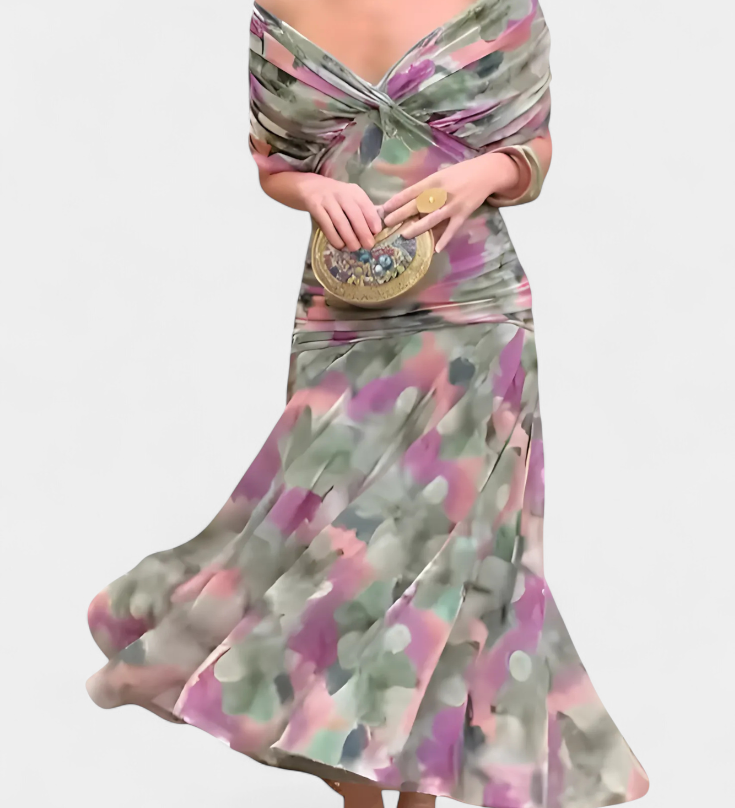 Magda - Długa sukienka kwiatowa z dekoltem w serek