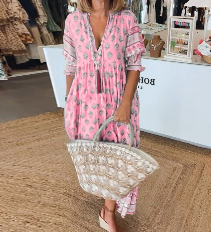 Jagienka – Drukowana sukienka na co dzień z dekoltem w serek